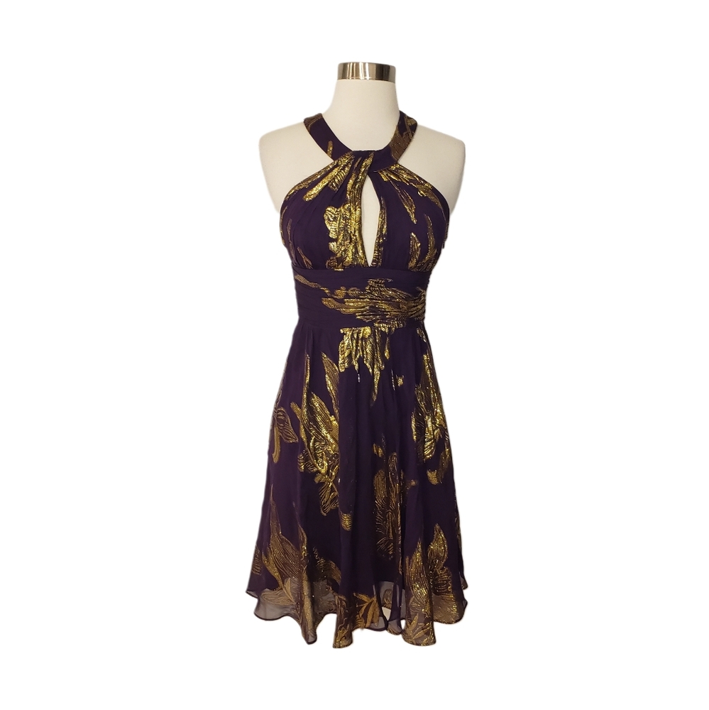 Aidan Mattox Niteline Size 2 Purple Silk Cocktail Party Dress with Gold Florals